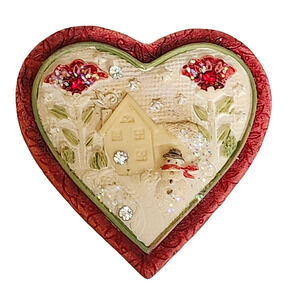 Enesco Heart Of Christmas Snowman Home Scene in Heart Pin Brooch